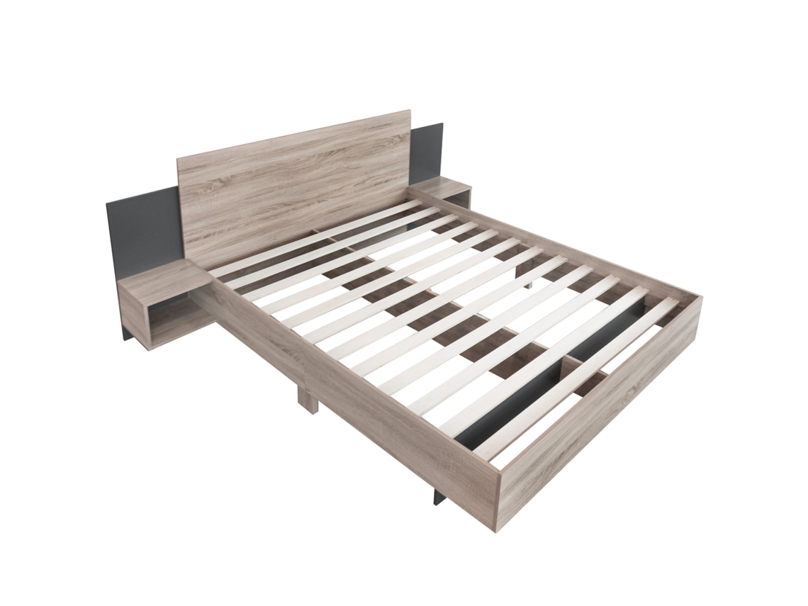 Cama de casal moderna 160x200cm em madeira com 2 mesas de cabeceira, Carvalho Sonoma, cinza escuro, conjunto completo para quarto PAPRIKA