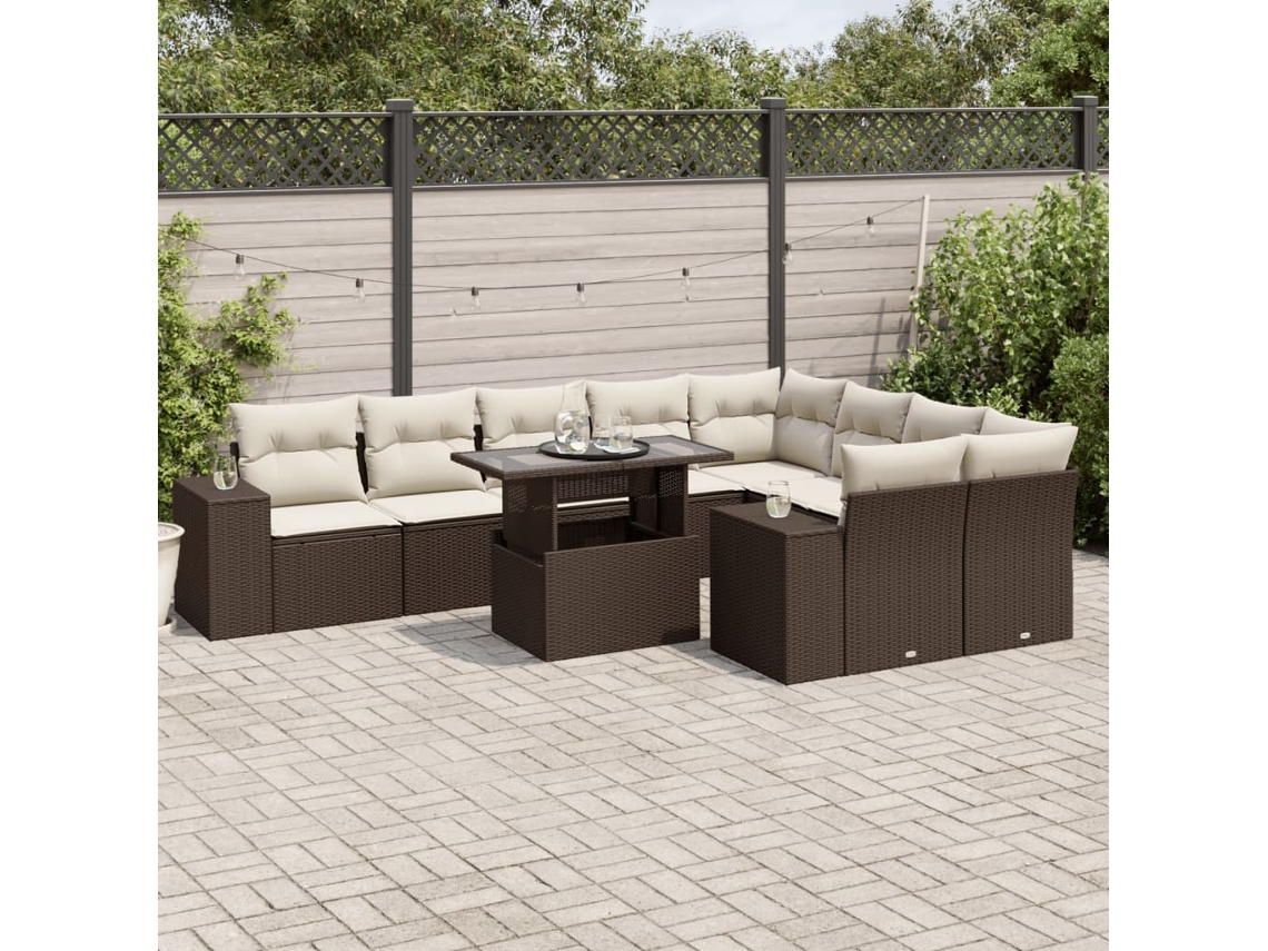 Vidaxl 10 Pcs Conj. Sofás Jardim Com Almofadões Vime Pe Castanho