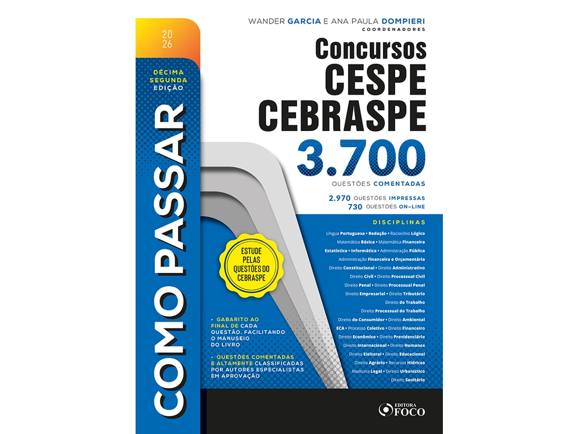 Livro Como Passar Em Concursos Cespe - Cebraspe - 3.700 Questões Comentadas - 12 Ed - 2026 de Adolfo Mamoru Nishiyama (Poortugues do Brasil)