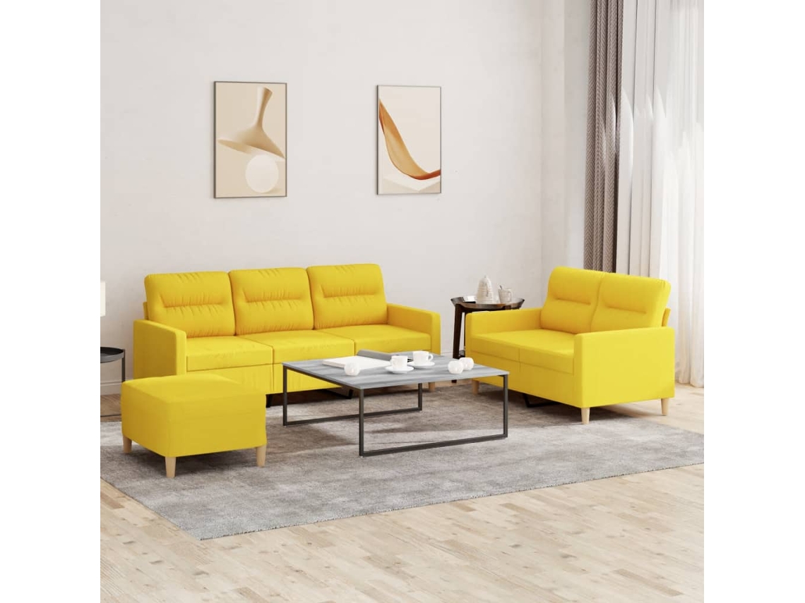 Vidaxl 3 Pcs Conjunto De Sofás Com Almofadões Tecido Amarelo-claro