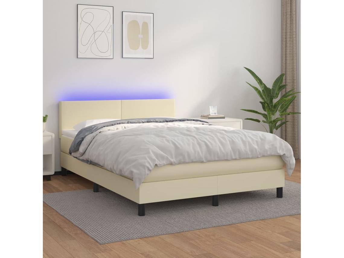 SYFAX™ Cama Box Spring C/ Colchão/led 140x190cm Couro Artificial Creme