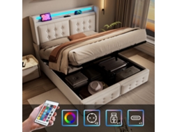 Polsterbett 180x200 Bege Com Cabeça Led Usb C Hidráulico 300kg