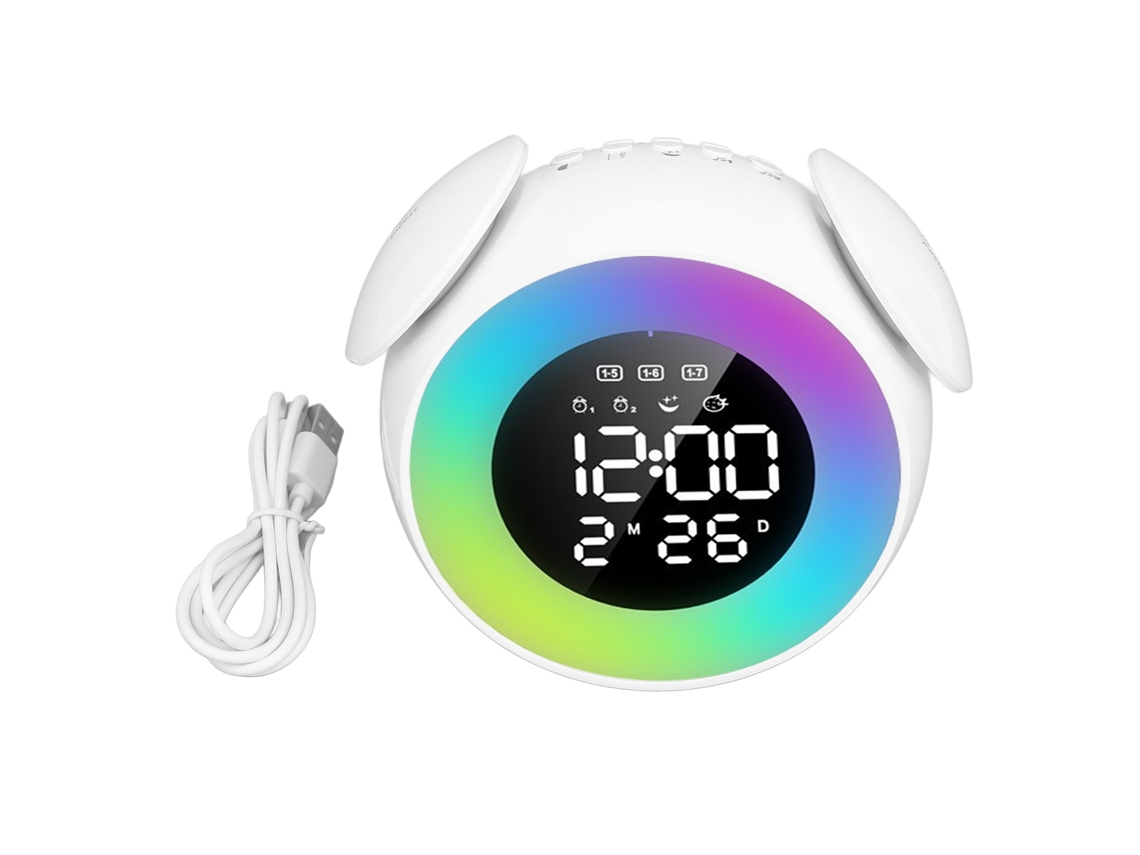 Despertador Baok com luz de despertar, efeitos de luz coloridos, relógio digital LED recarregável com música para quarto e escritório.