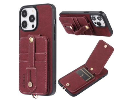 Suporte Casa Queda Textura Lichia Para Iphone 14 Abeel Pele Sintética Com Porta-cartões Vermelho