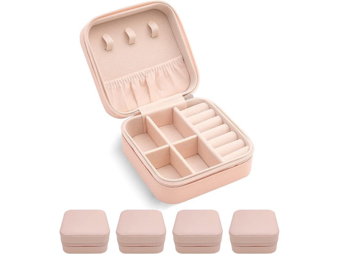 Caja De Joyería Portátil Mini De Cuero Pu Con Cremallera Organizador Para Brincos Anéis Colares Regalo Para Mulher E Menina (rosa-4pcs)