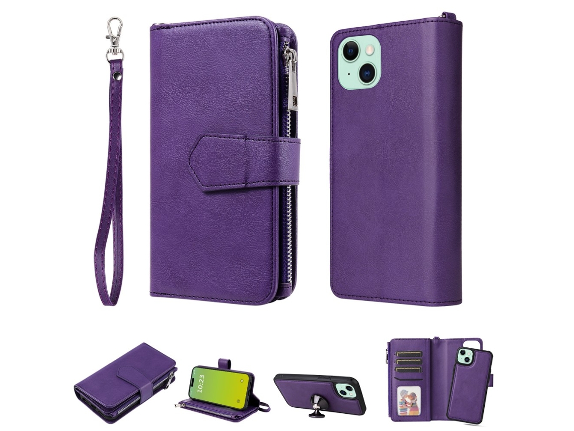Capa Amovível Para Iphone 15 Plus Pele Sintética Roxo