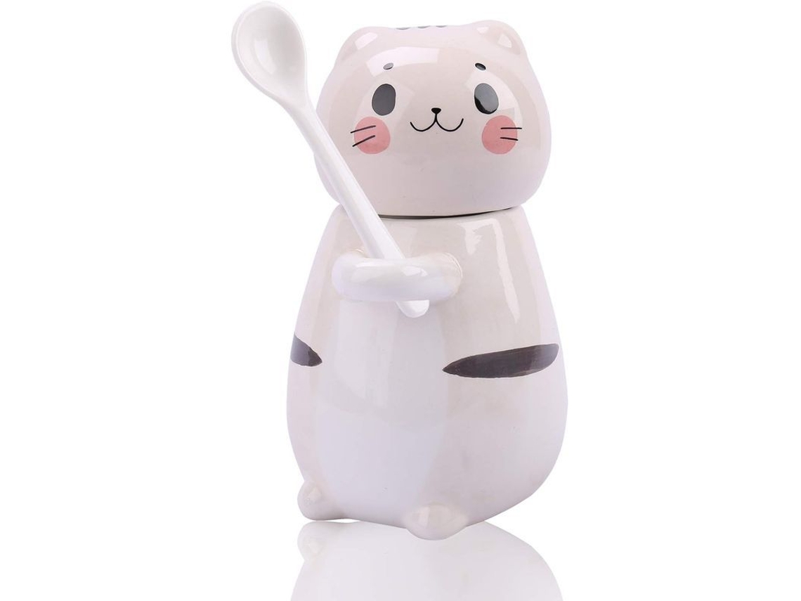 Caneca Cerâmica Kawaii Gatito Com Tampa E Colher, Chá Leite Xícara de Café 275ml Presente De Natal Aniversário Cor Queijo