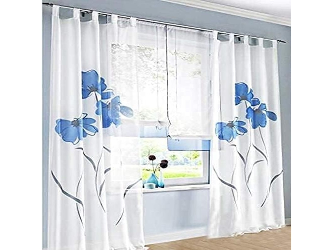 2026-cortinas De Sala Linjou 2 Peças Estampado Floral À Mão 150x145cm Azul Poliéster Translúcido 150*145cm Azul