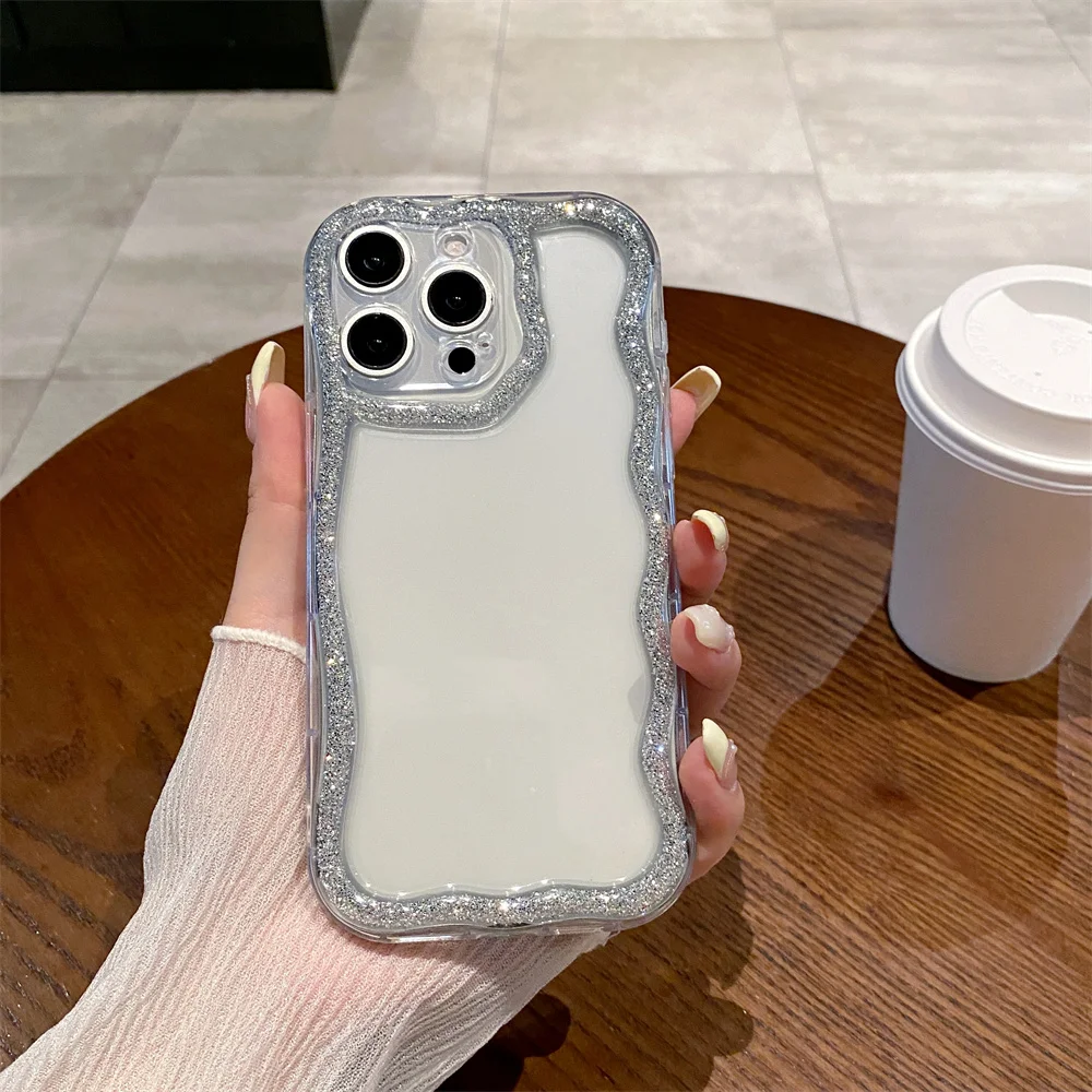 (iphone 16 Plus, Preto) Capa De Celular De Silicone Macia Com Borda Ondulada Brilhante E Charmosa Para Iphone