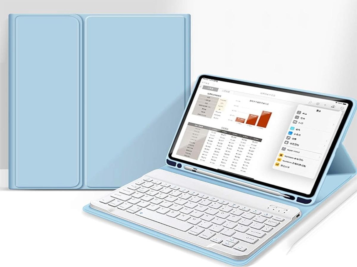 Capa com Teclado de Couro Azul Celeste Bluetooth Quadrado Totalmente Branco, Ipad Pro 11 Polegadas/2024 LURELIA