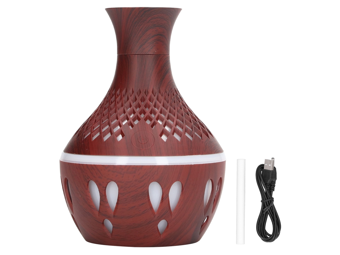 Umidificador de Aromaterapia Silencioso com Luz Colorida Design em Grão de Madeira 300ml