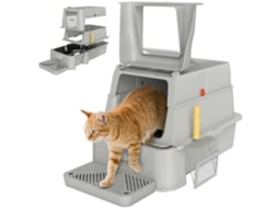 Caixa de areia para gatos, aço inoxidável, XL, com tampa articulada 180°, laterais altas, pedal, pá, 63x43x43 cm, cinza | S/MARCA