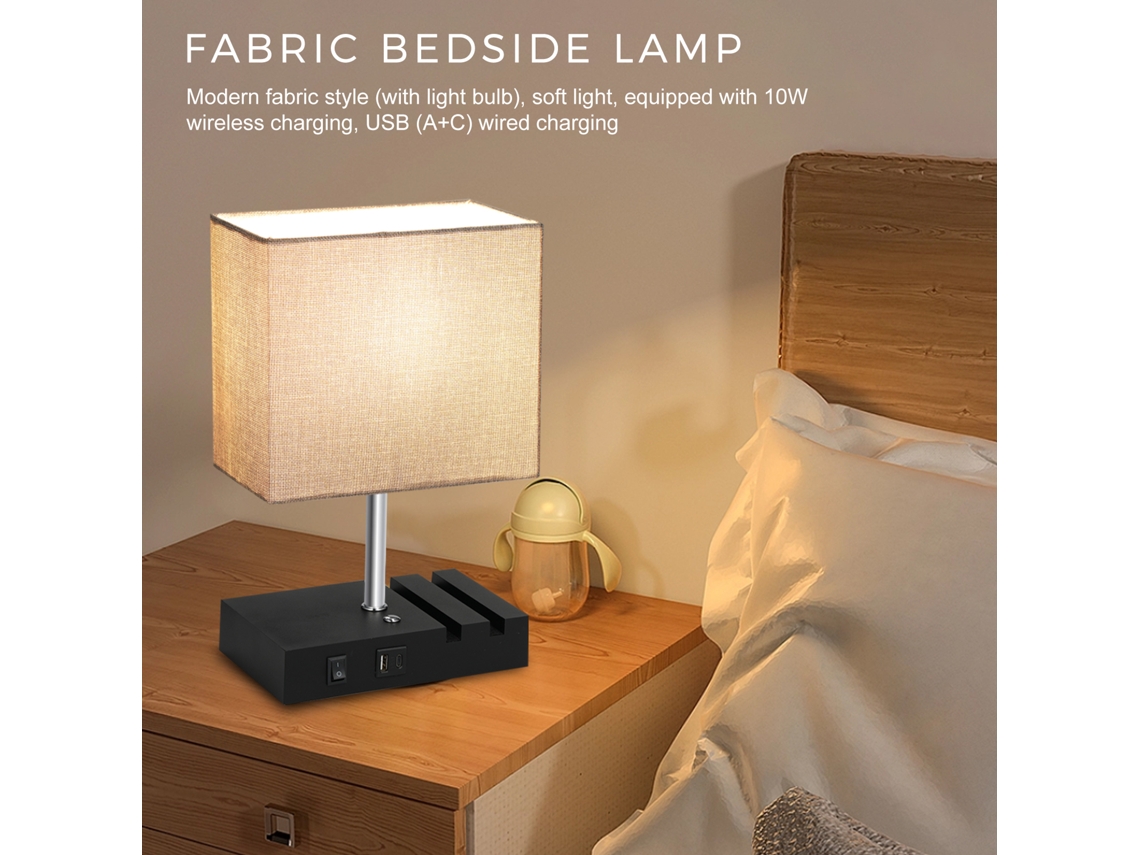 Lâmpada de Mesa de cabeceira com tecido, controle táctil, carregador sem fio, 10W, USB, luz quente S/MARCA