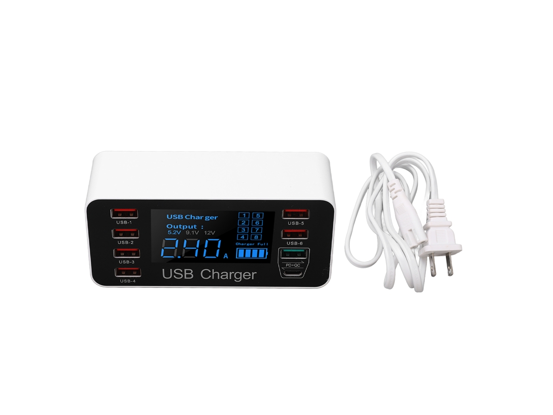 Estación De Carga Usb 40w 8 Puertos 6xusb 1xqc3.0 1xpd Con Pantalla Led Inteligente Cargador Us 100-240v