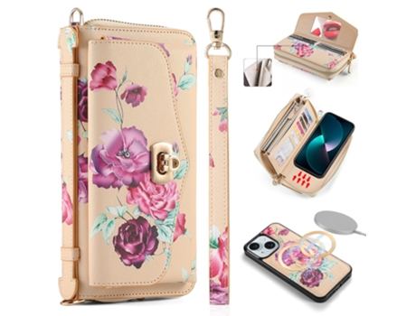 Capa Padrão Floral Removível Bloqueio Rfid Para Iphone 15 Pola Pele Sintética Multicor