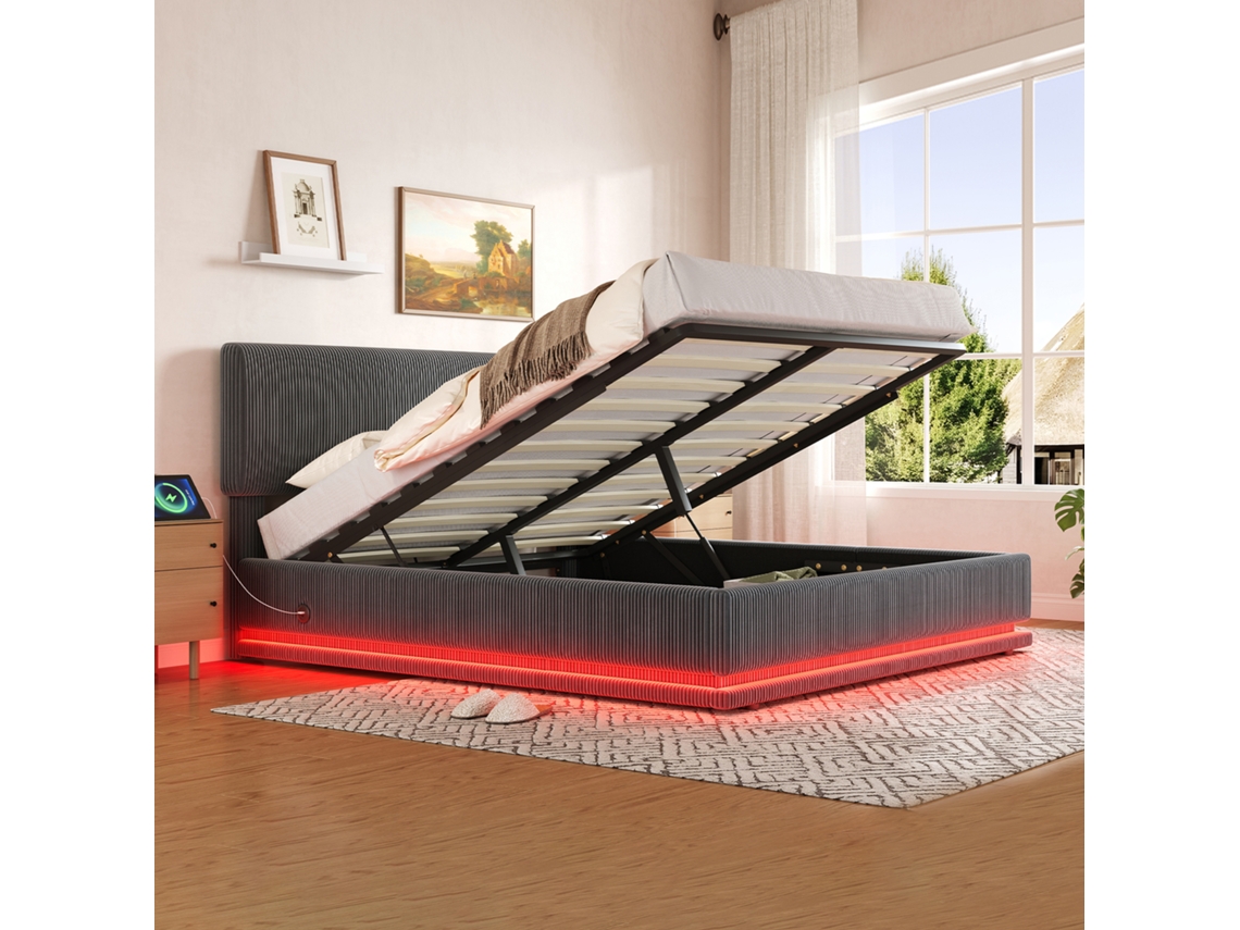 Cama Estofada 140x200 Mm Led Usb C Veludo Cotelê Cabeceira Arrumação Cinza