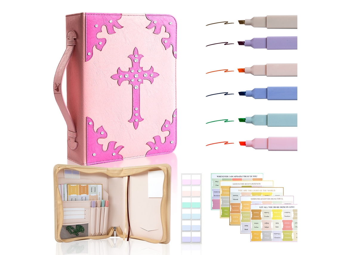 Pu Leather Cross Cover Bible Zipper Handbag For Women Pink, With 6-random Color Square Pens, 5-bohemian Stickers