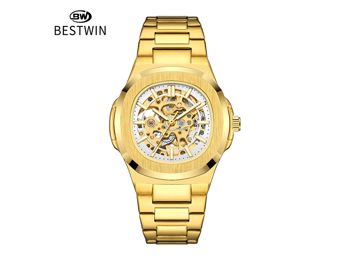 Relógio Mecânico Masculino Esqueleto Luminoso de Dupla Face MDUG (dourado e Branco)