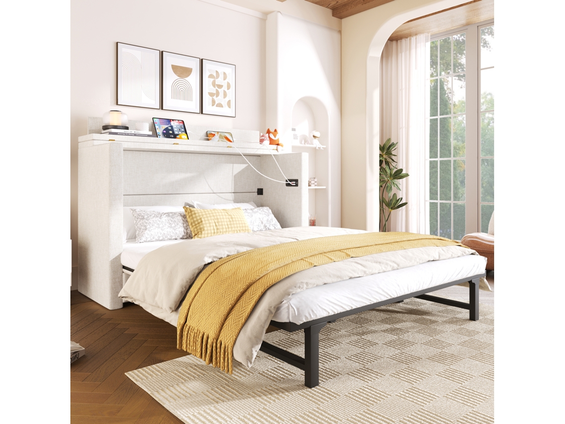 Cama Efusível 140x200cm: Gaveta, Murphy, Armazenamento, Usb/type-c, Linho Bege, Sem Colchão. Cs
