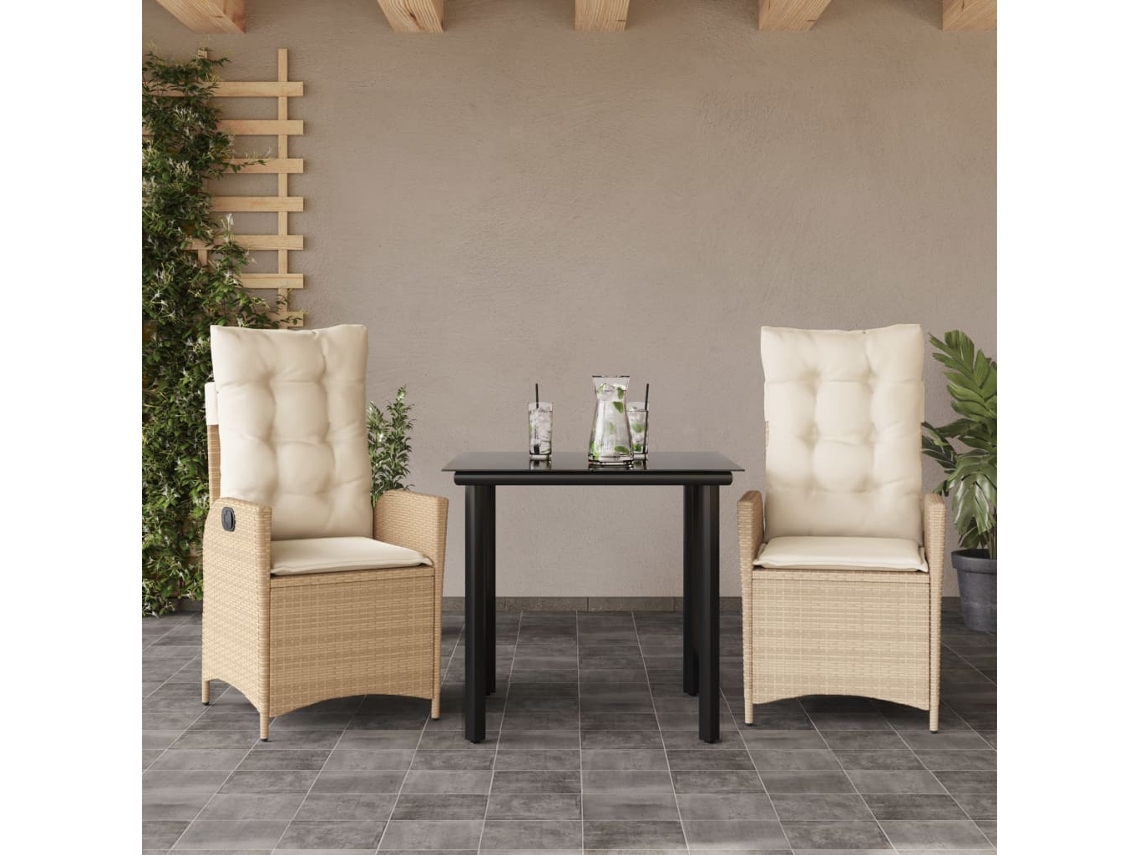 Vidaxl 3 Pcs Conjunto De Jantar P/ Jardim Com Almofadões Vime Pe Bege