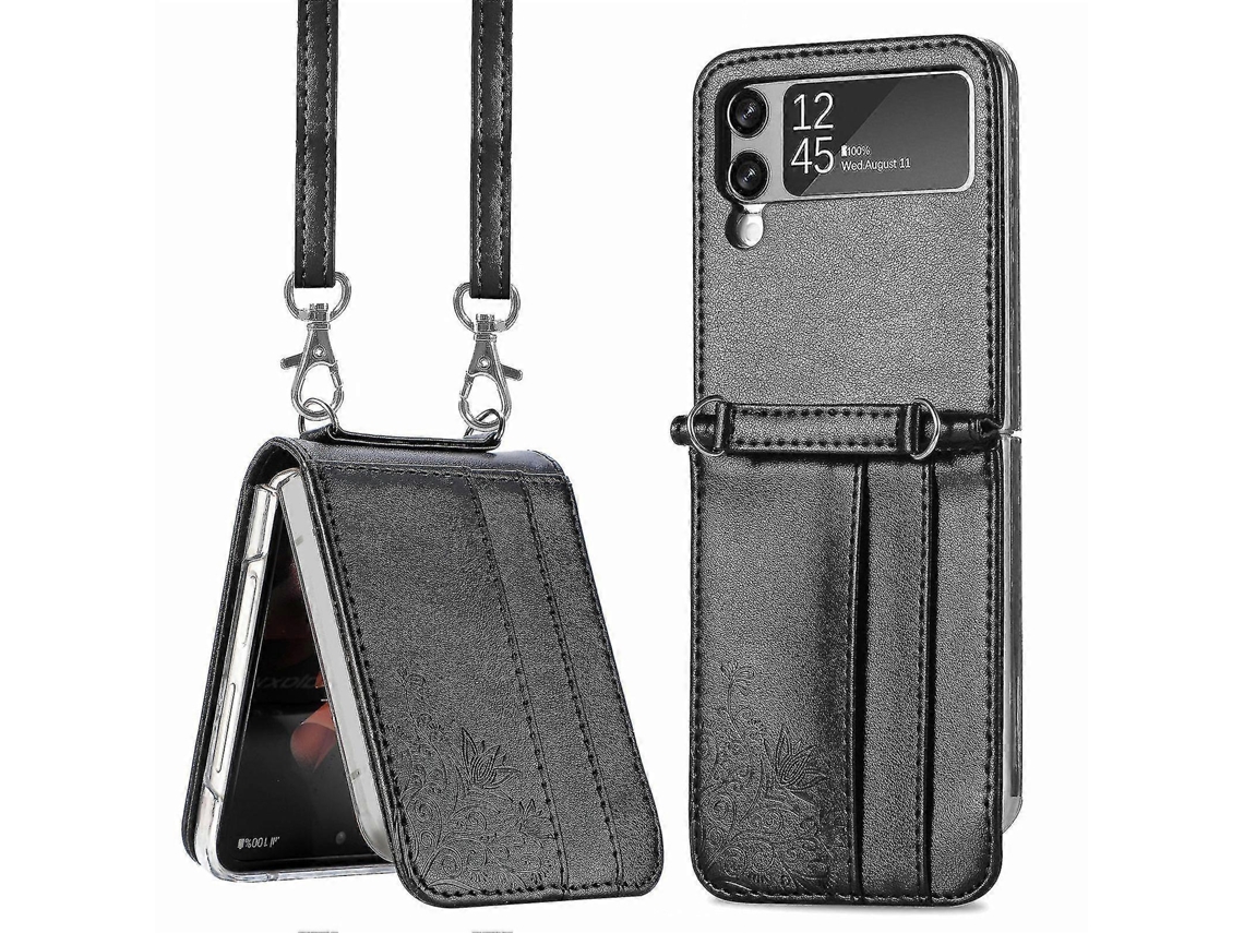 Capa Dobrável Para Celular Samsung Galaxy Z Flip 3 5g Com Tela, Bolsa Mensageiro, Cordão E Capa De Couro Para Cartão - Preta