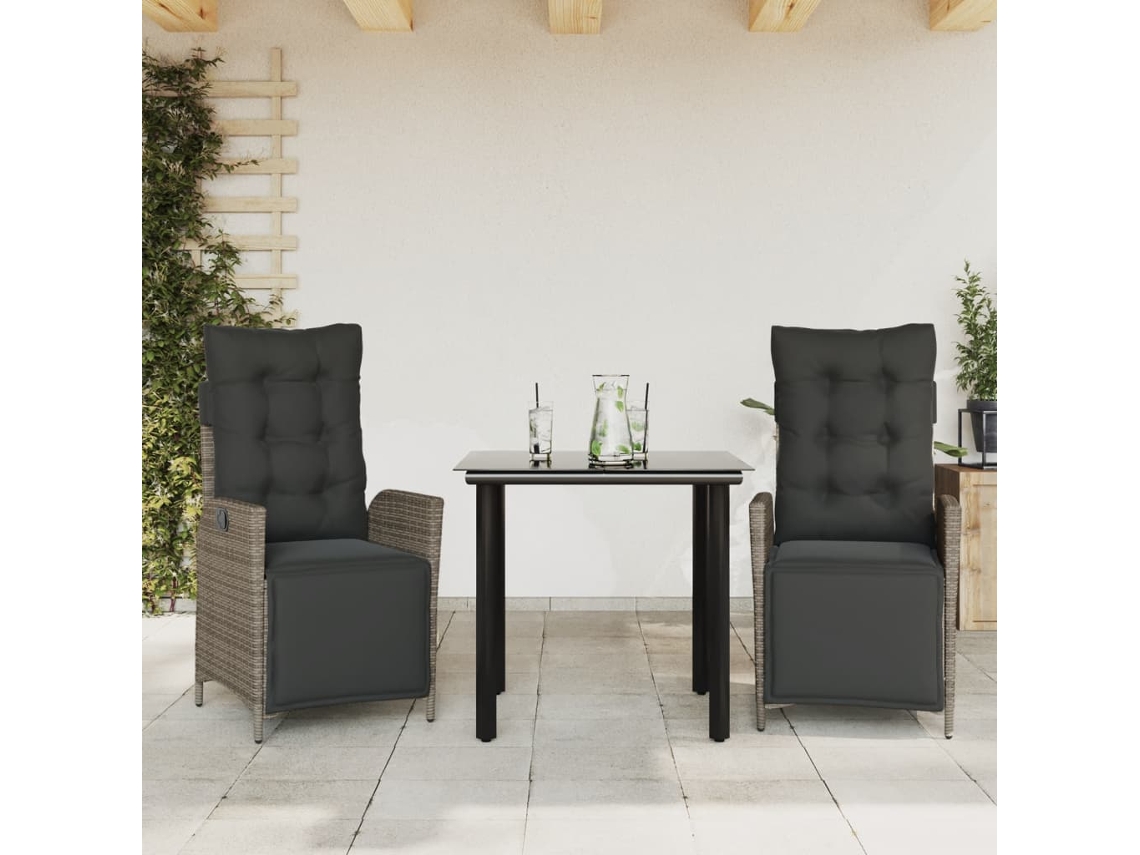 Vidaxl 3 Pcs Conjunto De Jantar P/ Jardim C/ Almofadões Vime Pe Cinza