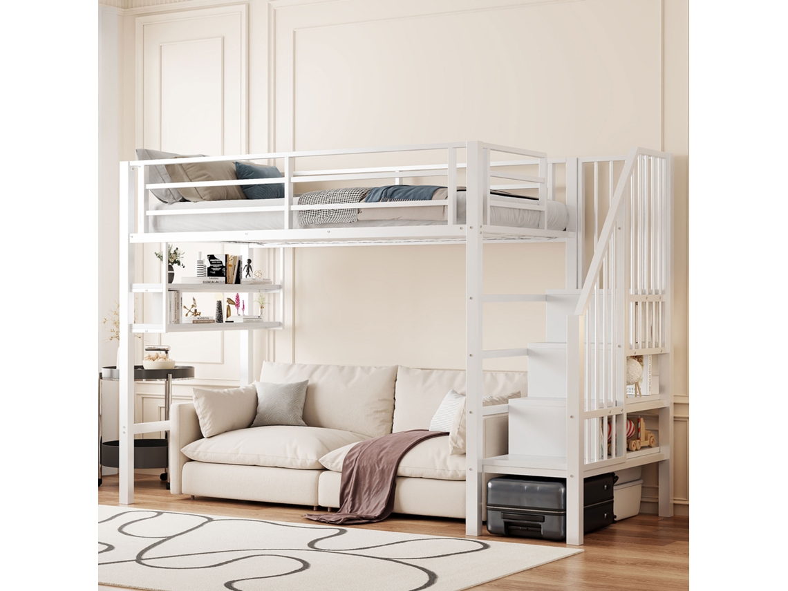 Cama Elevada Com Estante E Escadaria Sem Colchao Na Cor Branca Contemporanea, Funcional E Sofisticada 90x200cm