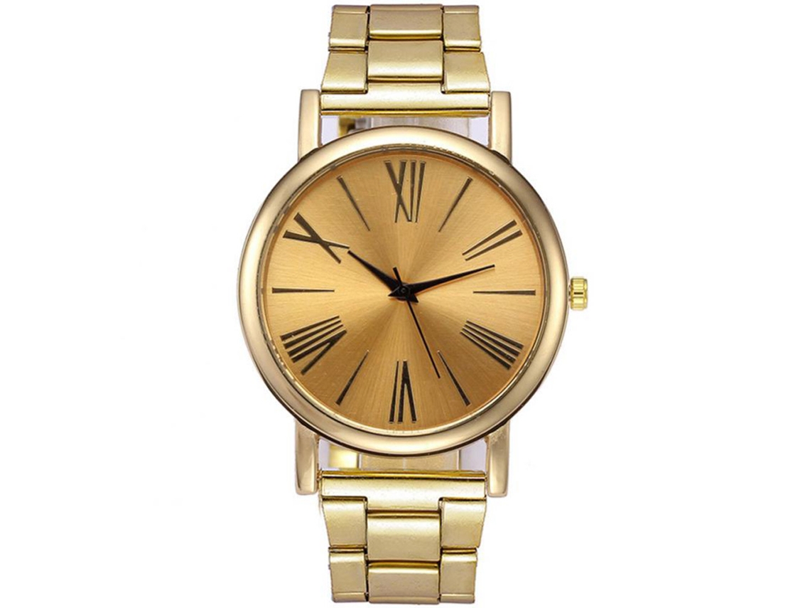 Relógio analógico de quartzo com pulseira de aço, casual para mulheres e homens (dourado)