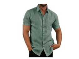 Camisa Casual Masculina De Algodão E Linho Listrada Manga Curta Para Spring/summer Estilo Diário Verde Escuro