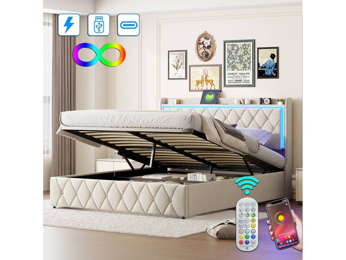 Cama Estofada 140x190 Cm, Cama De Casal, Usb Tipo C, Com Luzes Led, Com Caixa De Armazenamento, Tecido De Veludo Bege