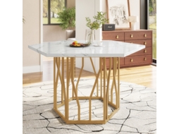 Mesa De Jantar Moderna Hexagonal Em Mármore Com Base Metálica Em Forma De Galho; Uma Mesa De Centro Simples E Elegante.