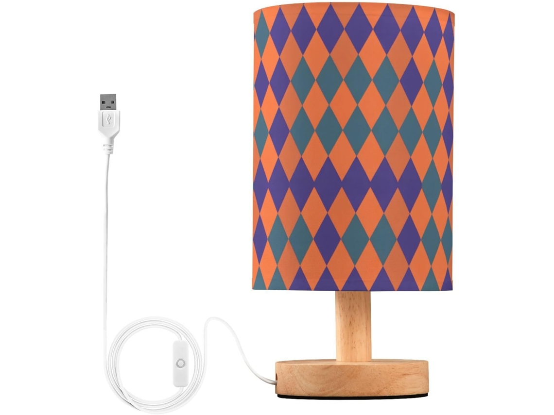 Abajur De Cabeceira Mnsruu Com Estampa Xadrez Laranja Em Losangos, Luz De Cabeceira Led, Cúpula De Tecido, Luminária