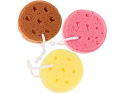 Conjunto de 3 esponjas de banho redondas em tecido revestido natural com capa ergonômica.