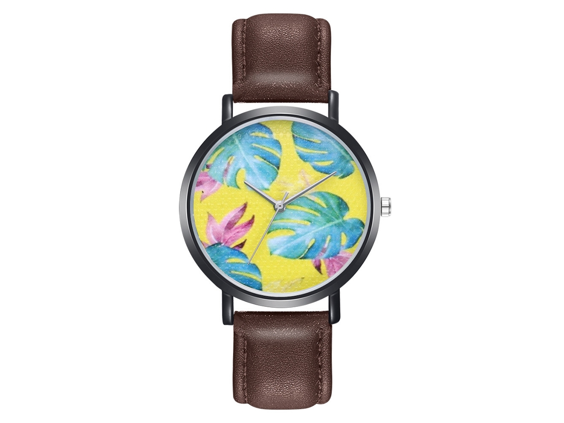 Relógio de pulso unissex Zhoulianfa com pulseira de couro PU, estampa de folhas coloridas e cor café.
