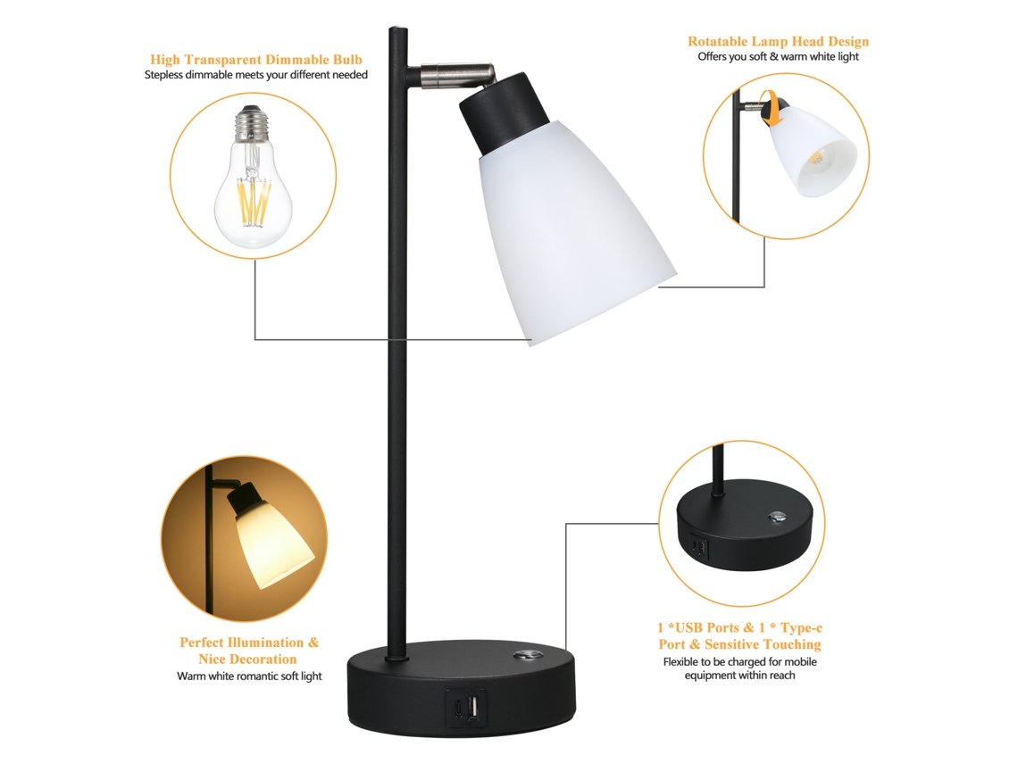 Rebe-lâmpada De Mesa Industrial Com Porta Usb E Type C, Brilho Continuamente Regulável, Led Para Quarto E Sala De Estar
