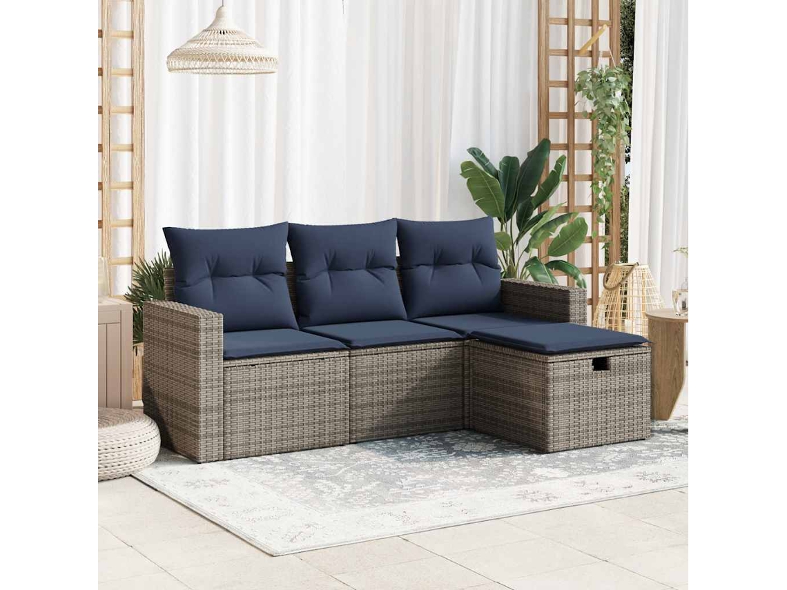 Vidaxl 4 Pcs Conjunto Sofás De Jardim C/ Almofadões Vime Pe Cinzento