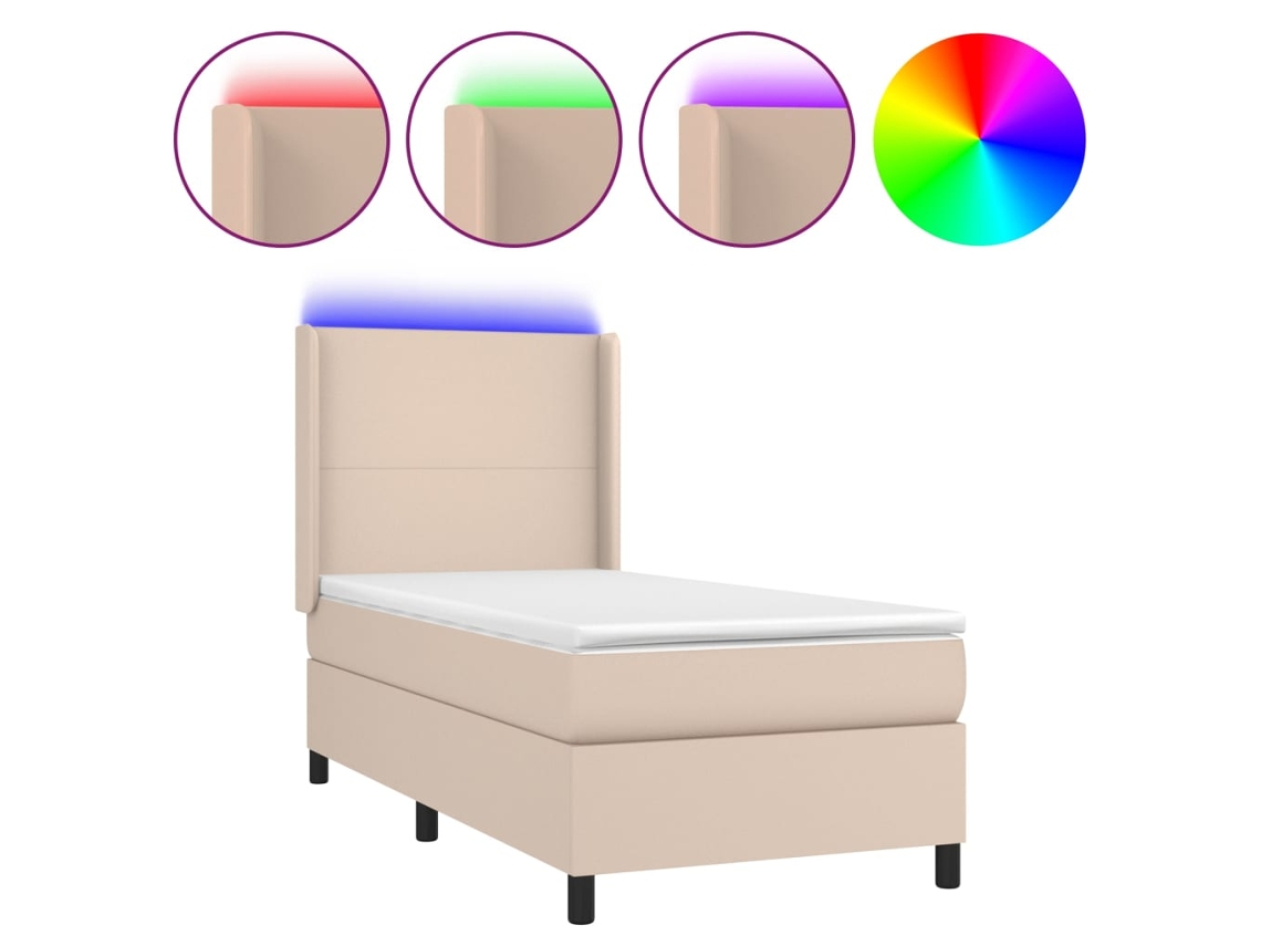 Cama Box Spring com Colchão e Led Couro Artificial Cappuccino MAISON EXCLUSIVE (90x200 cm)