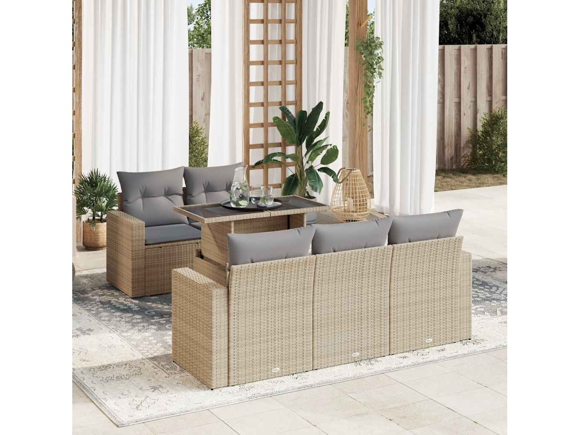 Vidaxl 6 Pcs Conjunto De Sofás P/ Jardim Com Almofadões Vime Pe Bege