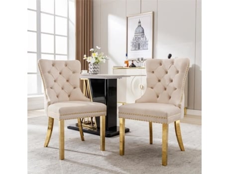 Conjunto De 2 Cadeiras Para Sala De Jantar, Estofadas, Pernas Em Aço Inoxidável Dourado, Capa De Veludo, 45x50,5x95cm, Bege Dreammespace