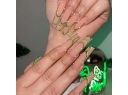 Unhas Falsas Longas Linjou em Forma de Cofre com Desenhos Verdes em Espiral para Mulheres