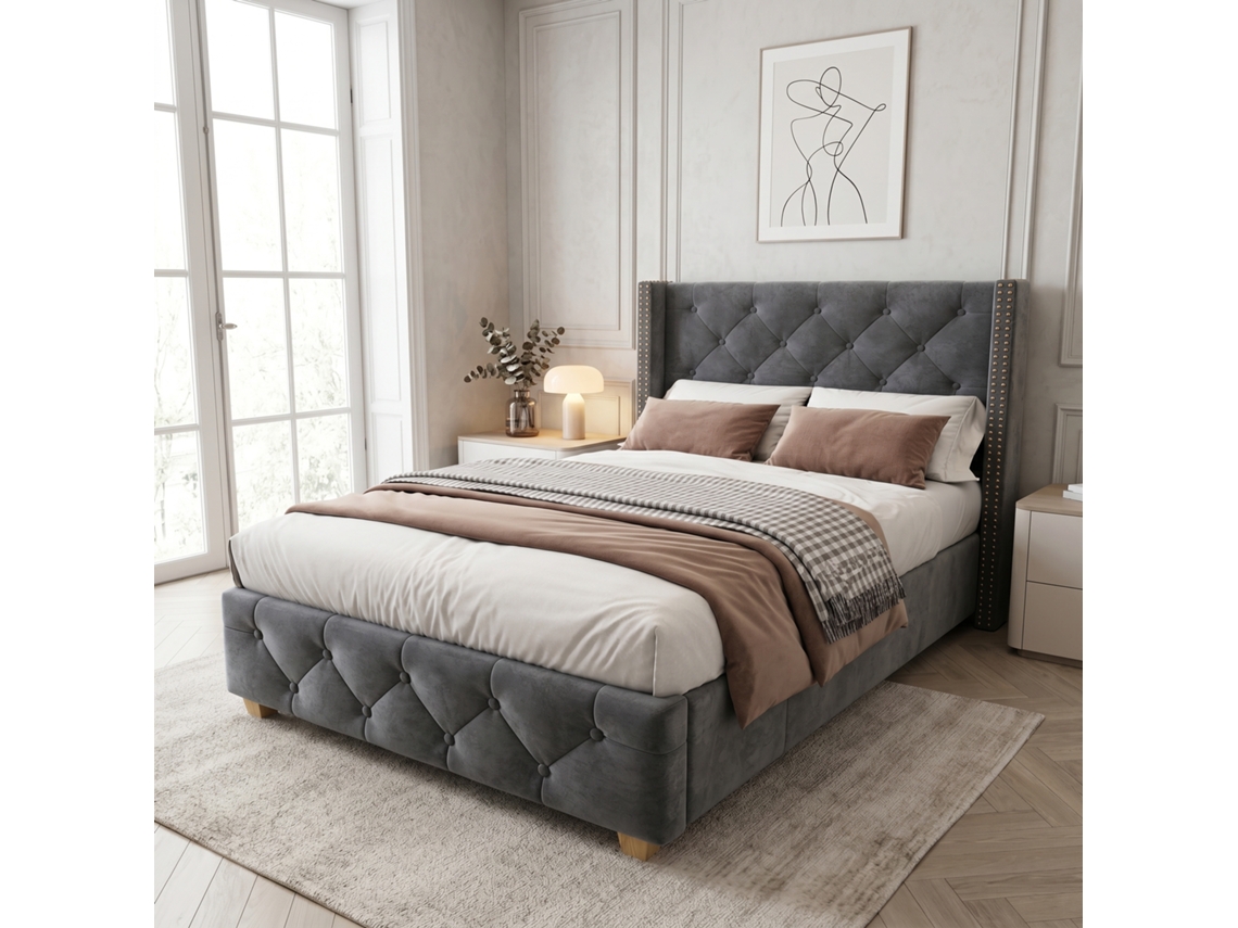 Cama Estofada Em Cinzento De Veludo Com Estrado