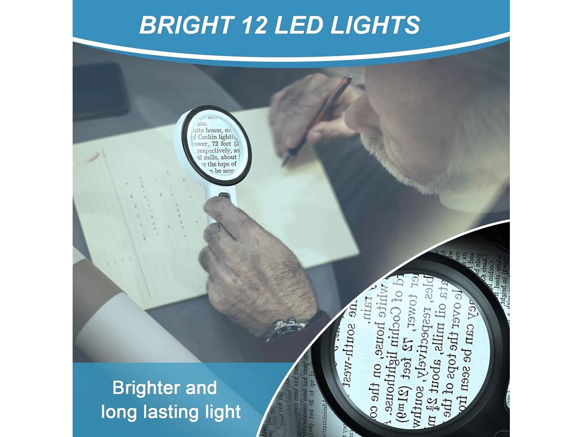 Lupa com 12 Luzes Led Lente de Vidro Duplo 30X Port til Iluminada