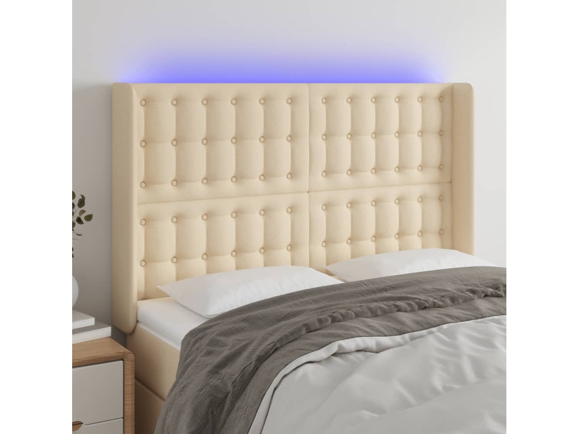 Vidaxl Cabeceira Cama C/ Luzes Led Tecido 147x16x118/128 Cm Cor Creme