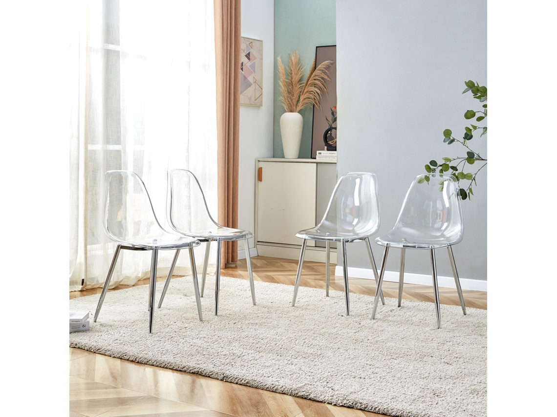 Conjunto 4 Cadeiras Jantar Plástico Transparente Pés Prateado