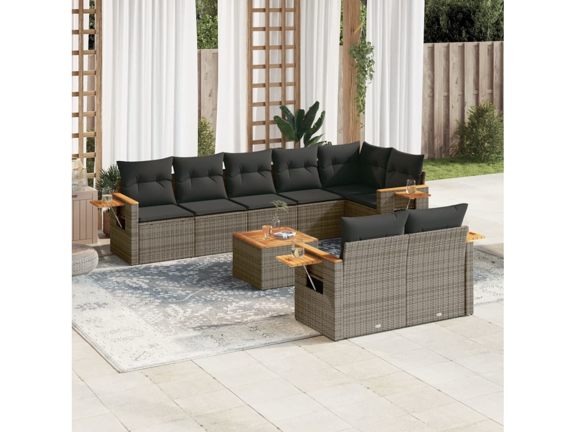 Jogo 9 Peças Sofás P/ Jardin Com Almofadões Vime Pe Cinza Dkd Home Decor