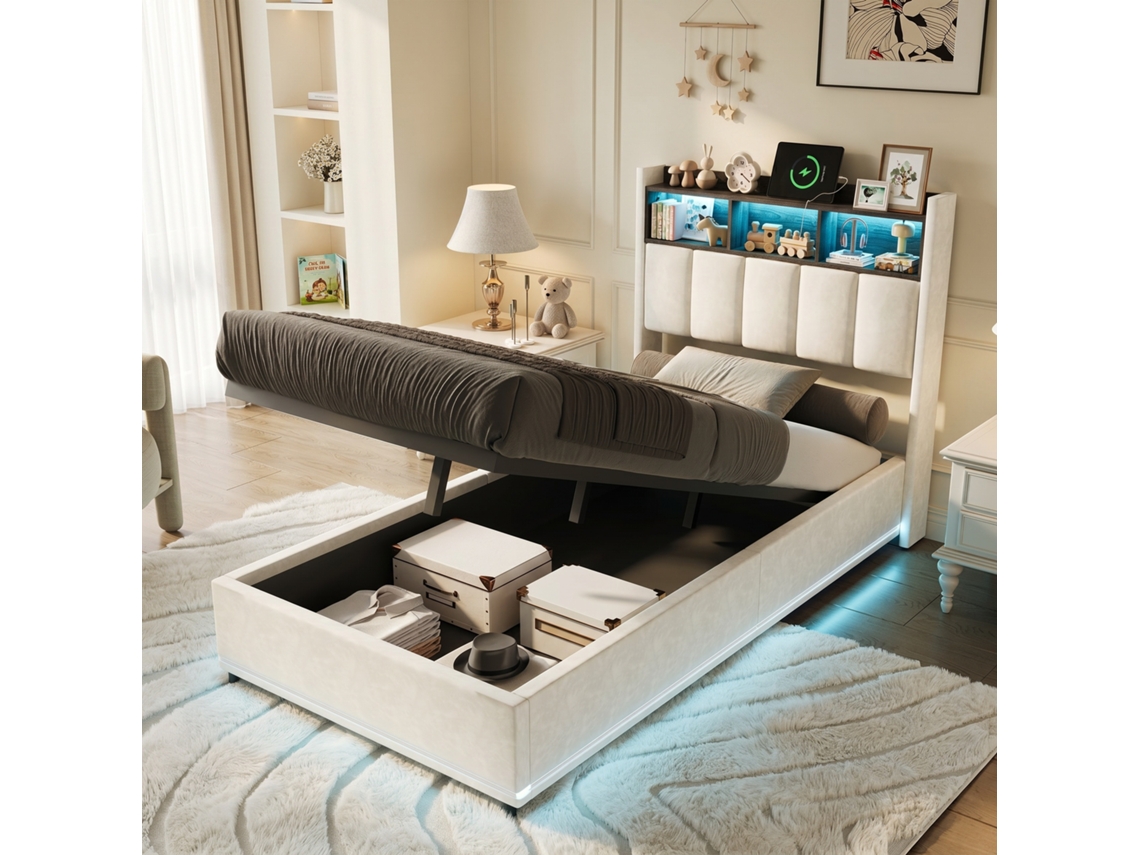 Cama Infantil 90x200,cama Individual,com Uma Faixa De Luzes À Volta Da Base,compartimento De Arrumação Na Cabeceira+faixa De Luzes,tecido Felpudo,bege