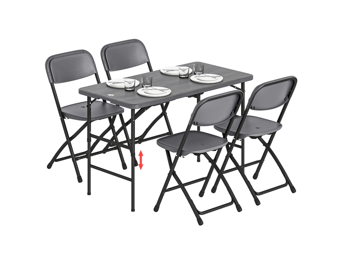 Conjunto Mesa Regulável + 4 Cadeiras Jardim Dobráveis Hdpe Efeito Madeira Cinza Escuro