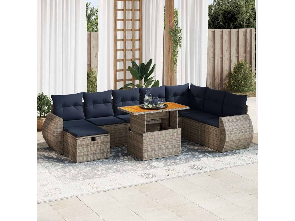 Vidaxl 9 Pcs Conjunto Sofás P/ Jardim Almofadões Vime Pe/acácia Cinzento