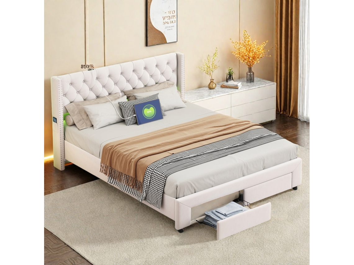 Cama Com Arrumação De 180x190 Cm Em Veludo Bege, Cabeceira Com Tachas, 2 Gavetas, Entradas Usb, Bolsos Laterais, Fita Led Removível.