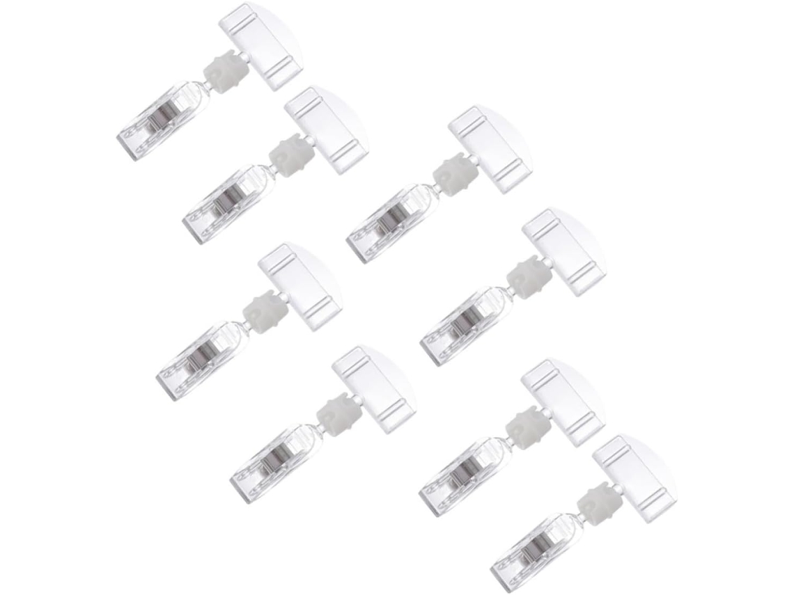Conjunto de 8 clipes para fixação de placas de acrílico transparente, suporte giratório e prático porta-preços para exibição.